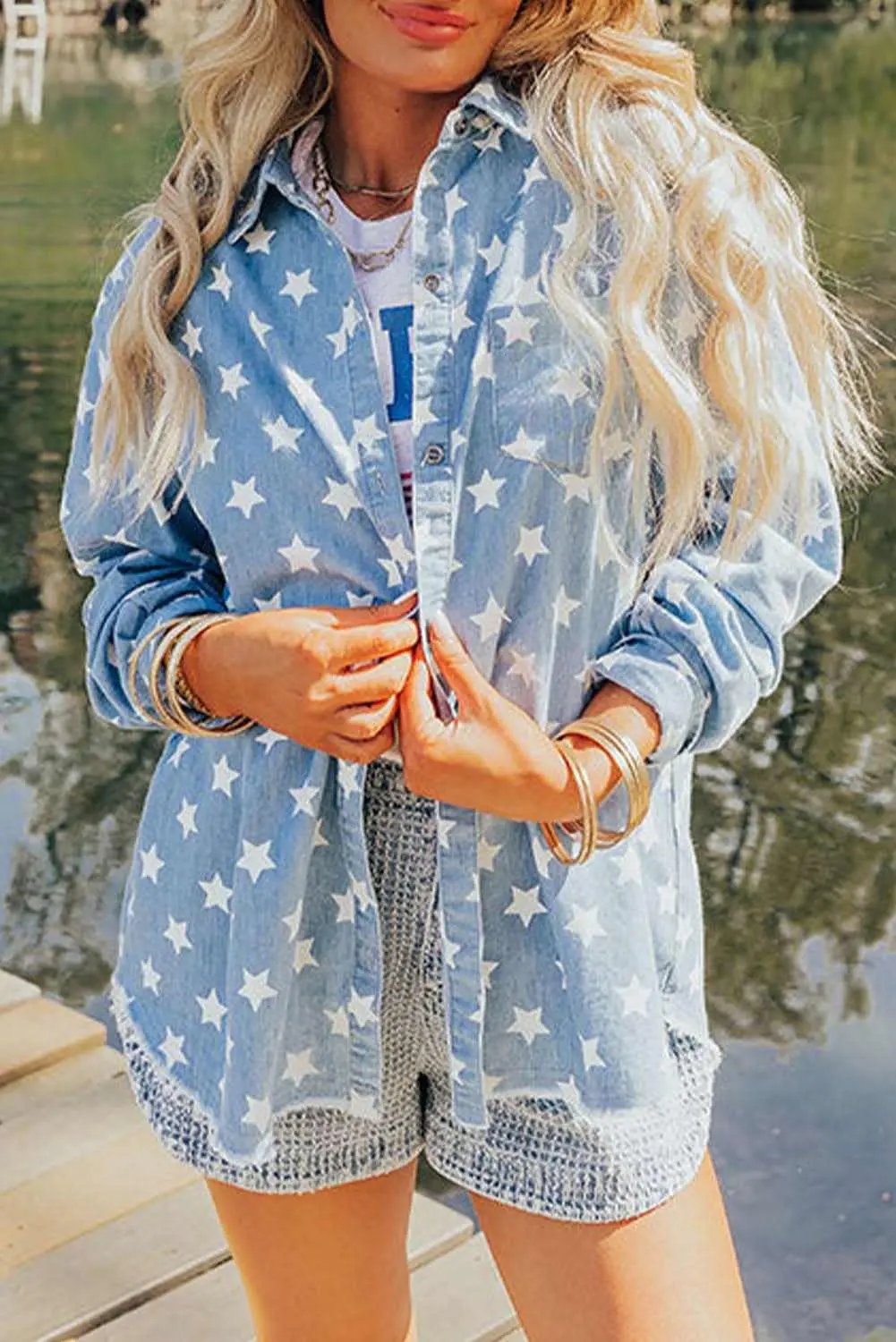 Sky Blue Star Print Light Wash Raw Hem Denim Jacket - Love Salve